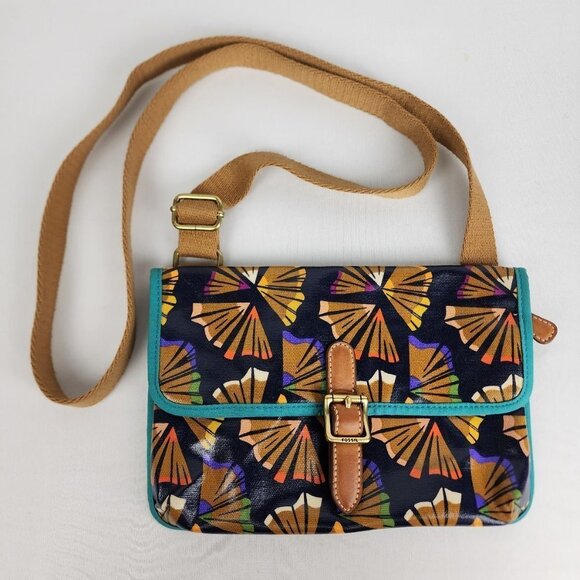 Handbags - FOSSIL Brown Tropical Print Crossbody Purse